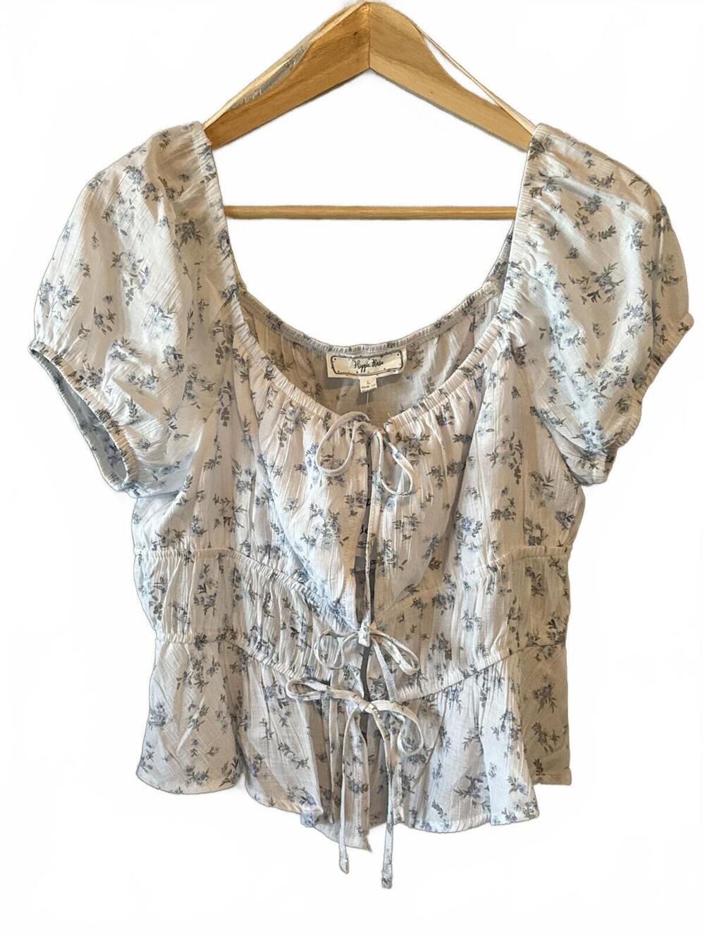 Hippie Rose White Floral Puff Sleeve Blouse Size L